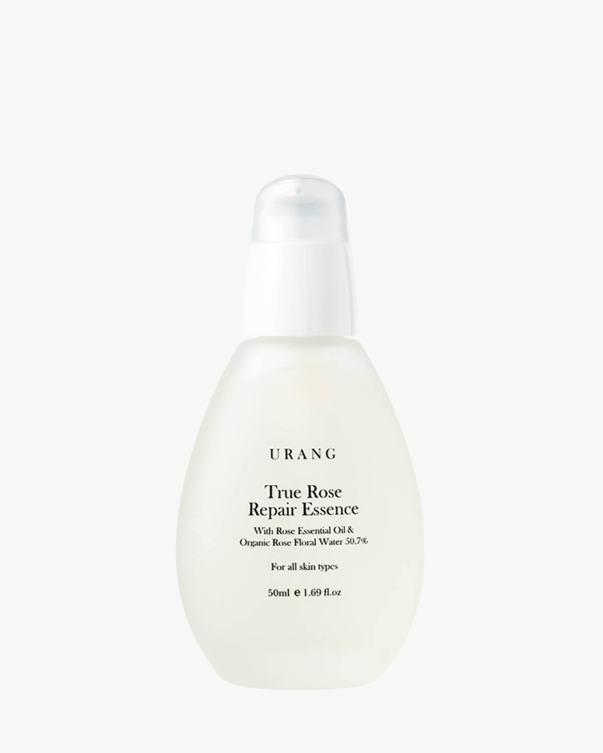 URANG True Rose Repair Essence with Organic Rose Floral Water and Rose Essential Oil in a white frosted pump bottle on a white background.