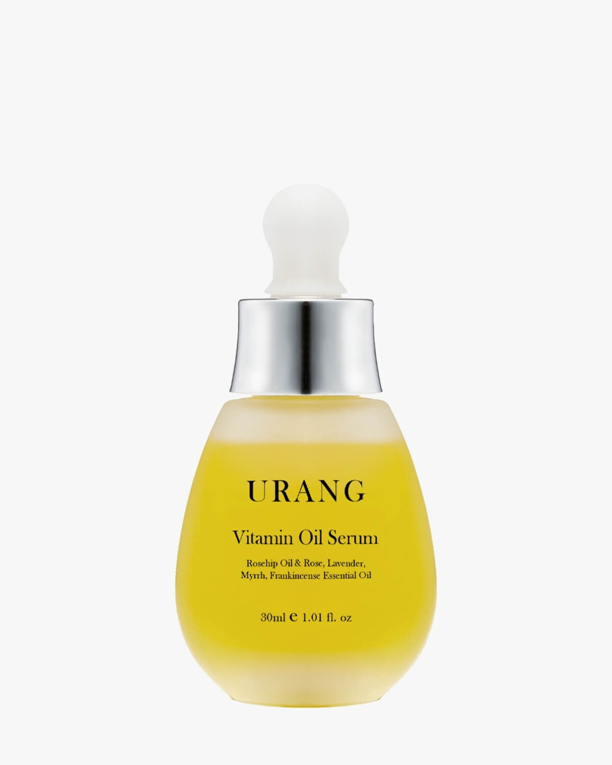 URANG Vitamin Oil Serum featuring Rosehip Oil, Lavender, and Myrrh in a frosted golden-yellow glass bottle on a white background.