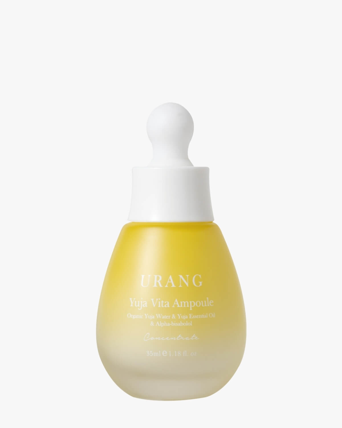 URANG Yuja Vita Ampoule concentrate with Organic Yuja Water and Alpha-bisabolol in a frosted yellow dropper bottle on a white background.