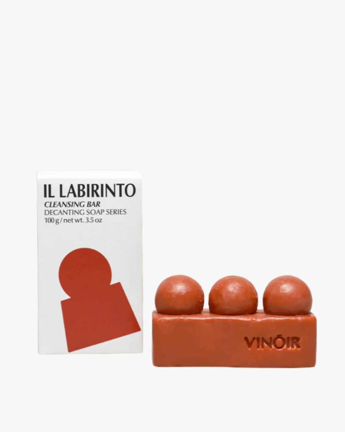 VINŌIR Il Labirinto Cleansing Bar in a white background shown with its white and red minimalist box packaging.