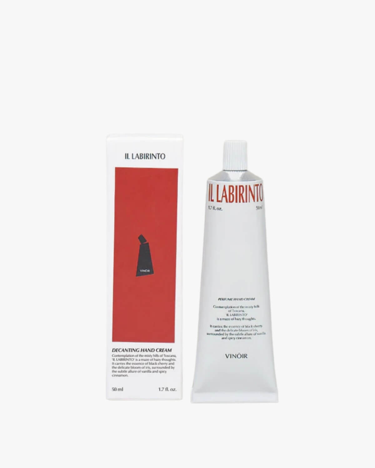VINŌIR Il Labirinto Decanting Hand Cream in a white background next to its white and red perfume hand cream box.