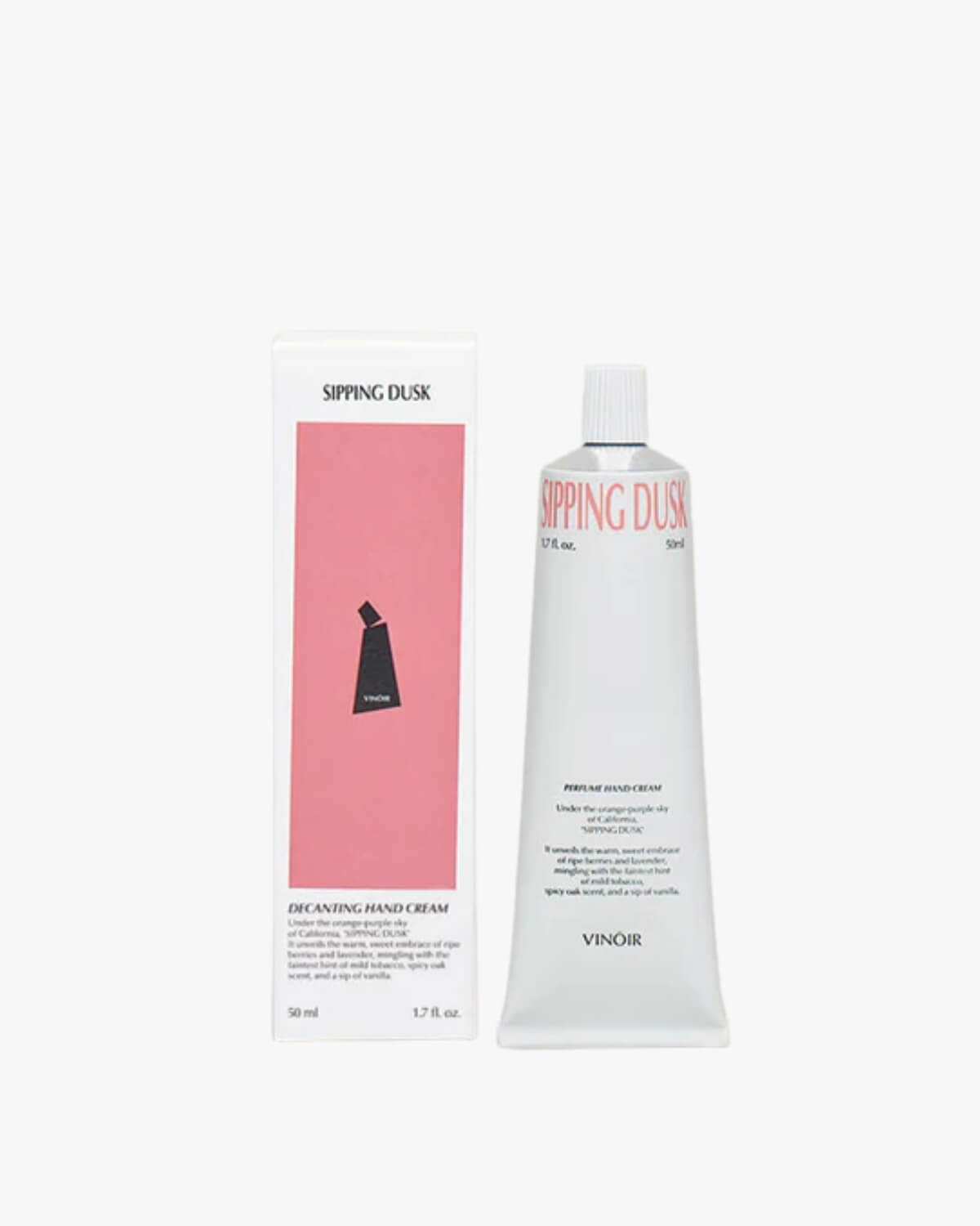 VINŌIR Sipping Dusk Decanting Hand Cream in a white background with its matching pink and white box packaging.