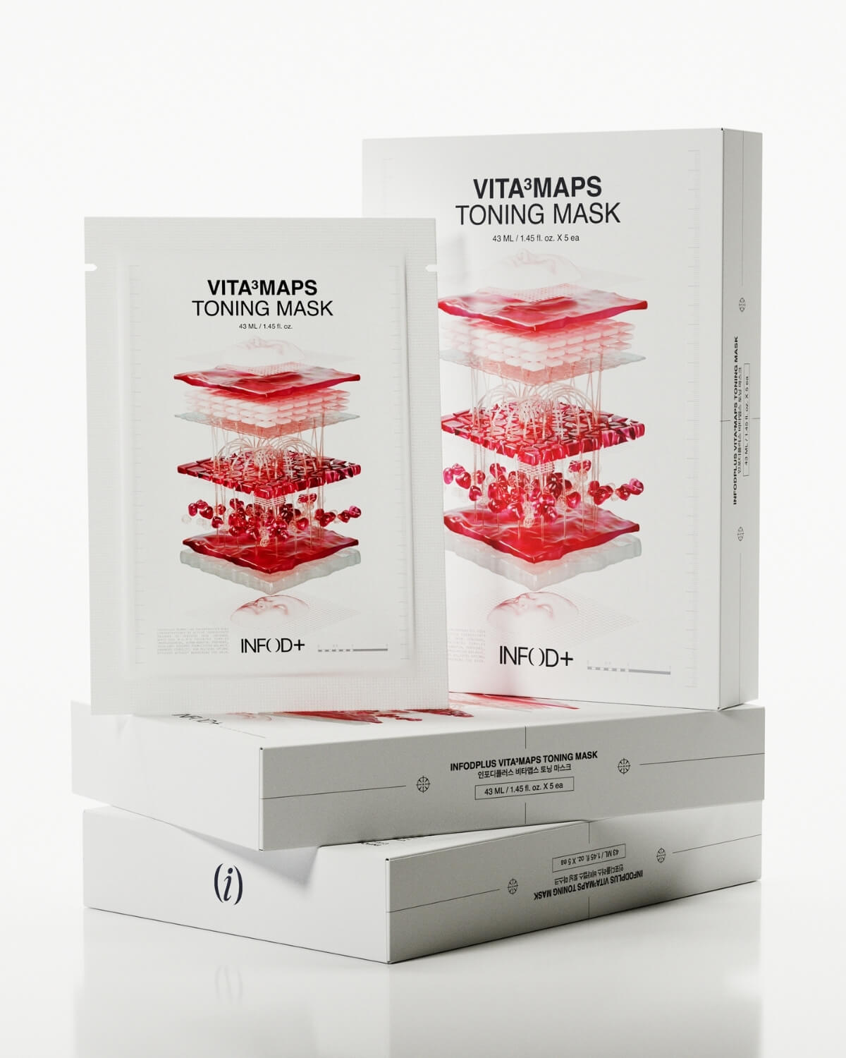 Multiple white boxes and a single mask packet of INFOD+ VITA³MAPS Toning Mask, stacked on a white surface.