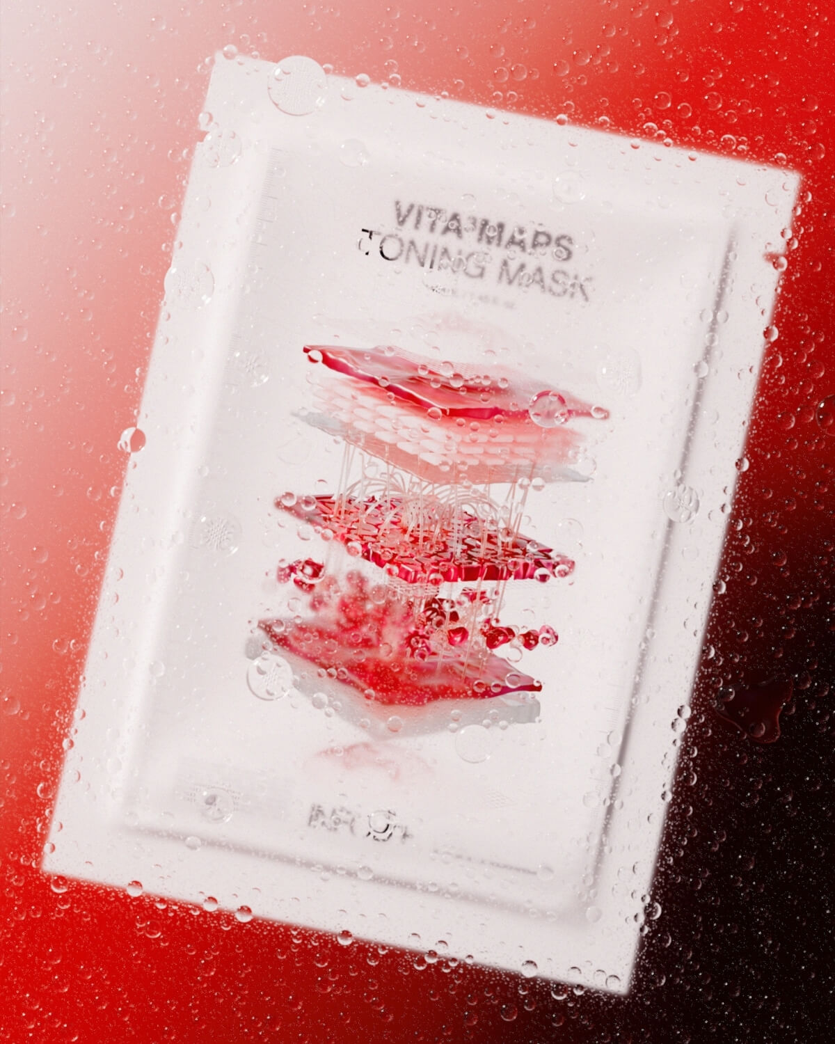 The white mask packet covered in oil or water droplets, set against a dark red background.