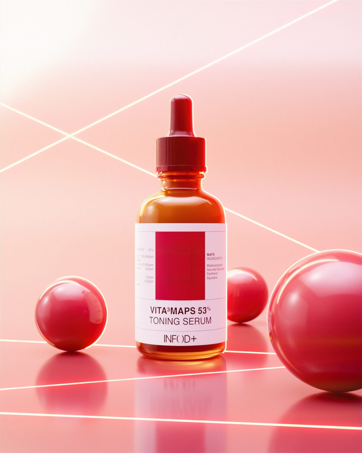 A brown glass dropper bottle of VITA³MAPS 53% Toning Serum stands on a reflective, coral-pink surface. It is surrounded by three glossy red spheres and illuminated by intersecting neon lines.