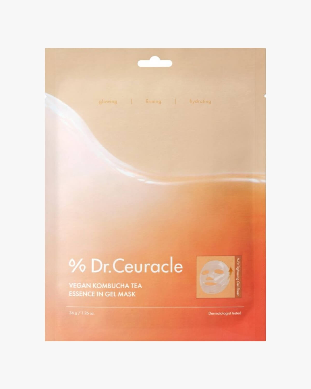 Dr. Ceuracle Vegan Kombucha Tea Essence in Gel Mask packaging. Features glowing, firming, and hydrating benefits.