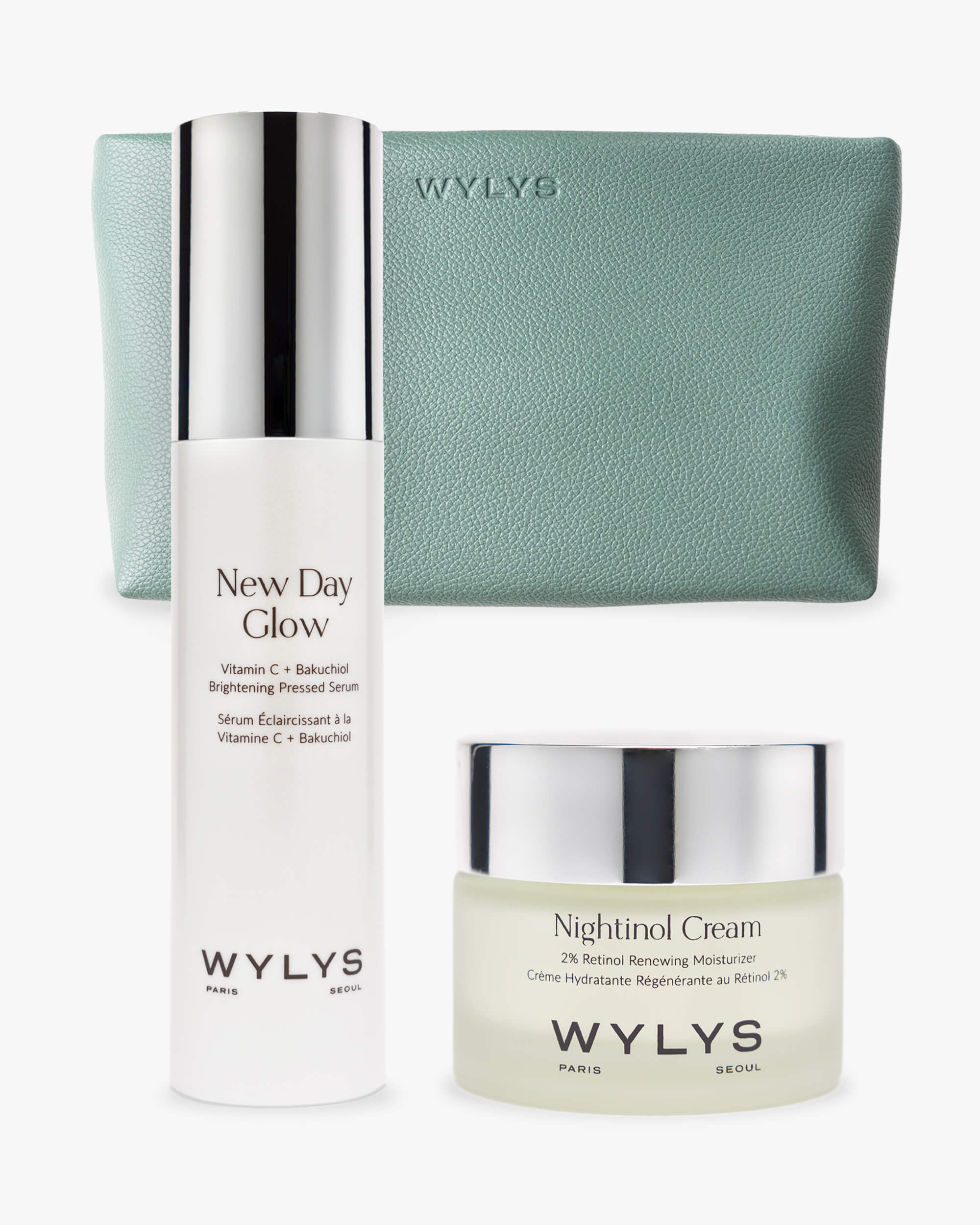WYLYS Restore and Renew Set New Day Glow Nightinol Cream AM PM Skincare Duo + Vegan Leather Makeup Bag Straight-on Cropped White background