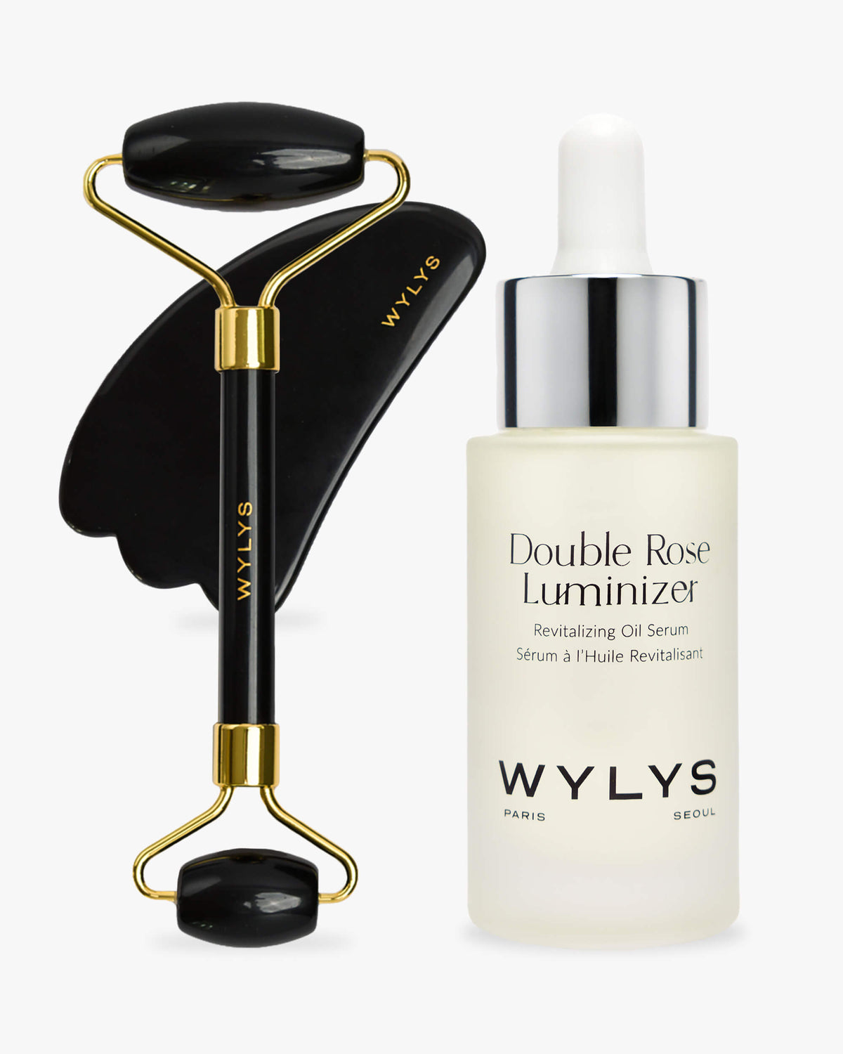 WYLYS Black Obsidian Face Roller Gua Sha with Double Rose Luminizer Illuminate Set