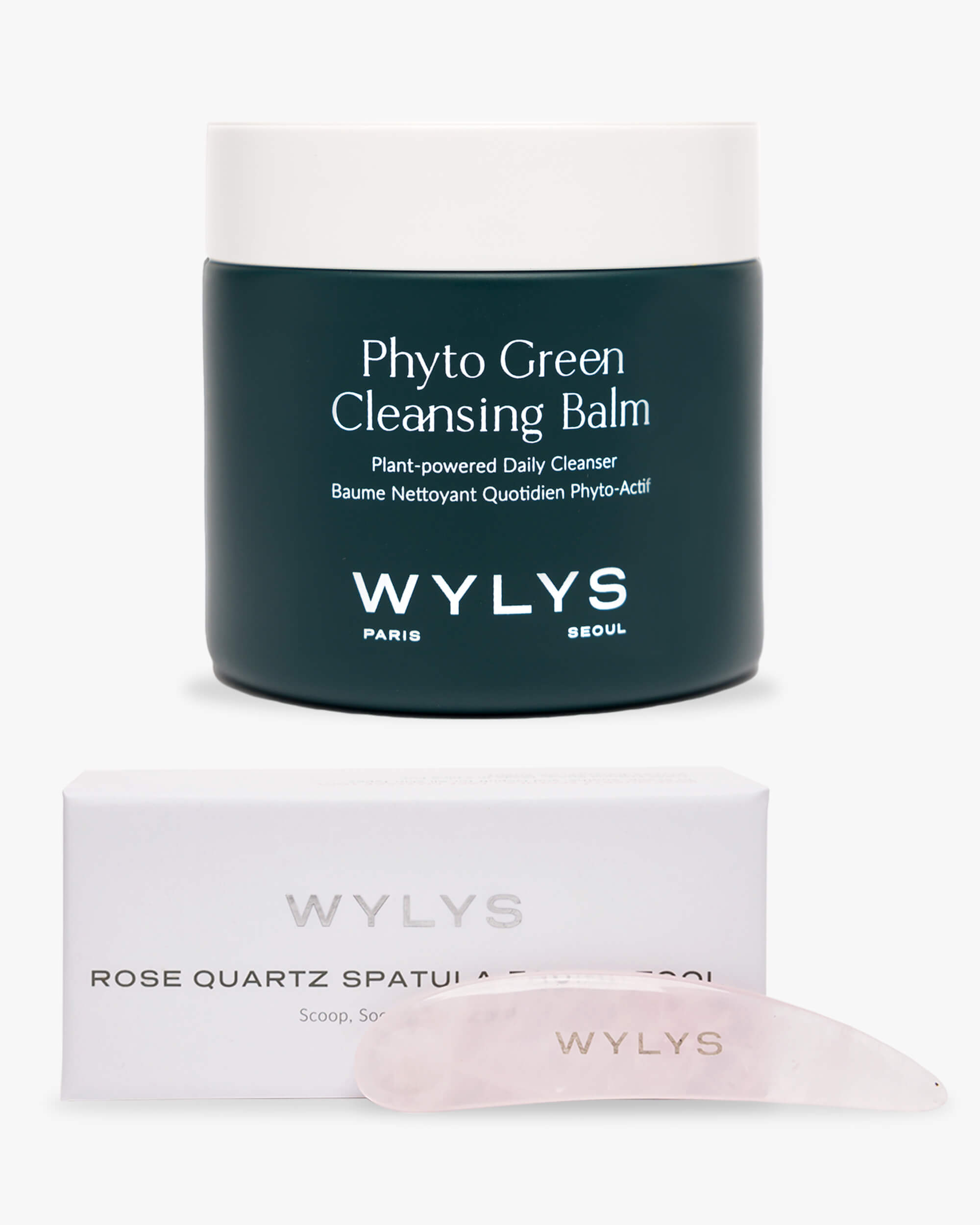WYLYS Phyto Green Cleansing Balm and Rose Quartz Spatula Facial Tool Set Products over white background