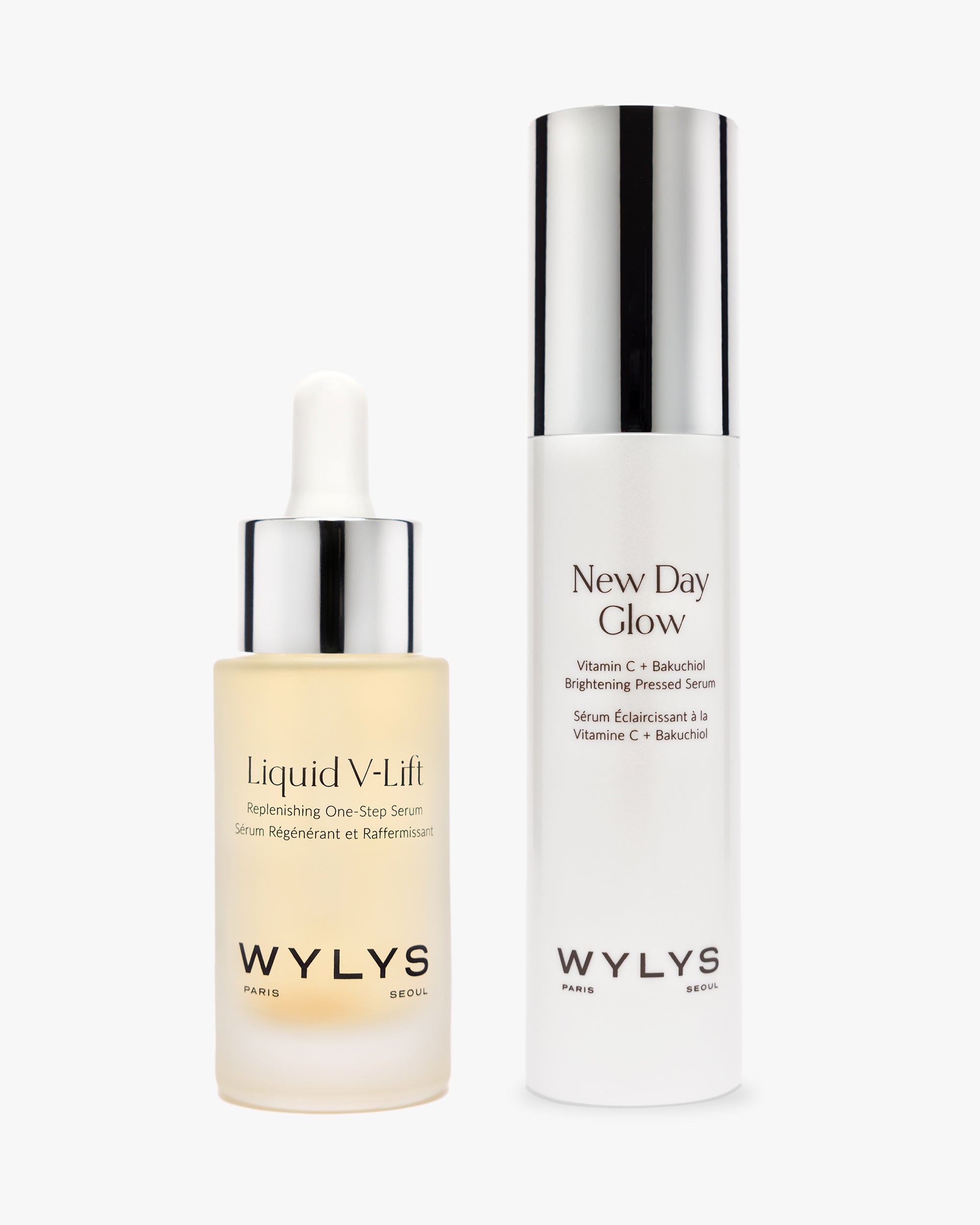 WYLYS New Day Glow Vitamin C Bakuchiol Brightening Serum Cream plus Liquid V-Lift One Step Peptide Anti-aging treatment serum. Skincare duo. Made in France and Korea. Best sellers.