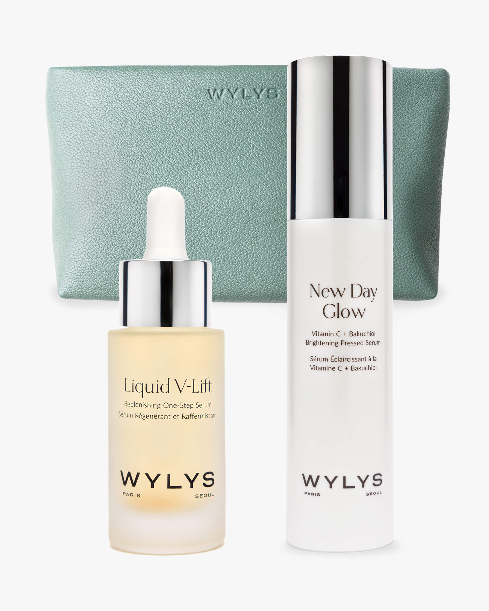 WYLYS Lift and Glow Set and Sage Verte Makeup Bag Three products over white background Skincare value set Made in France and Korea
