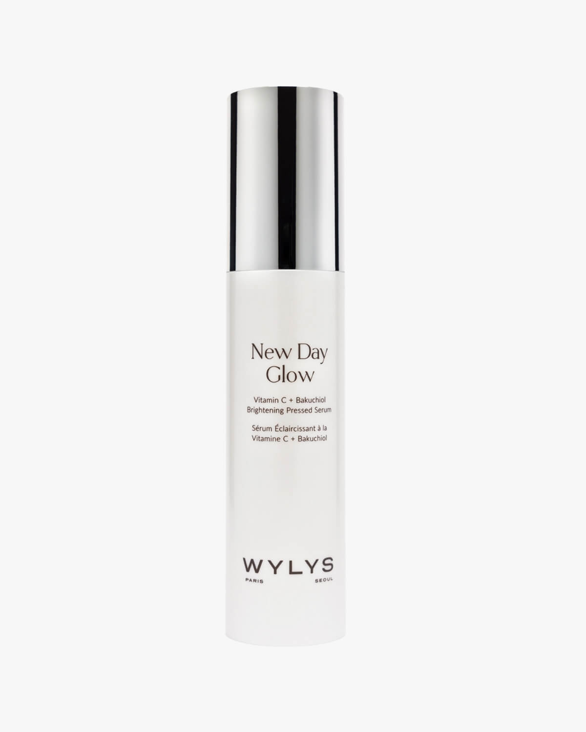 WYLYS New Day Glow Vitamin C and Bakuchiol Brightening Pressed Serum in a sleek pump bottle on a white background.