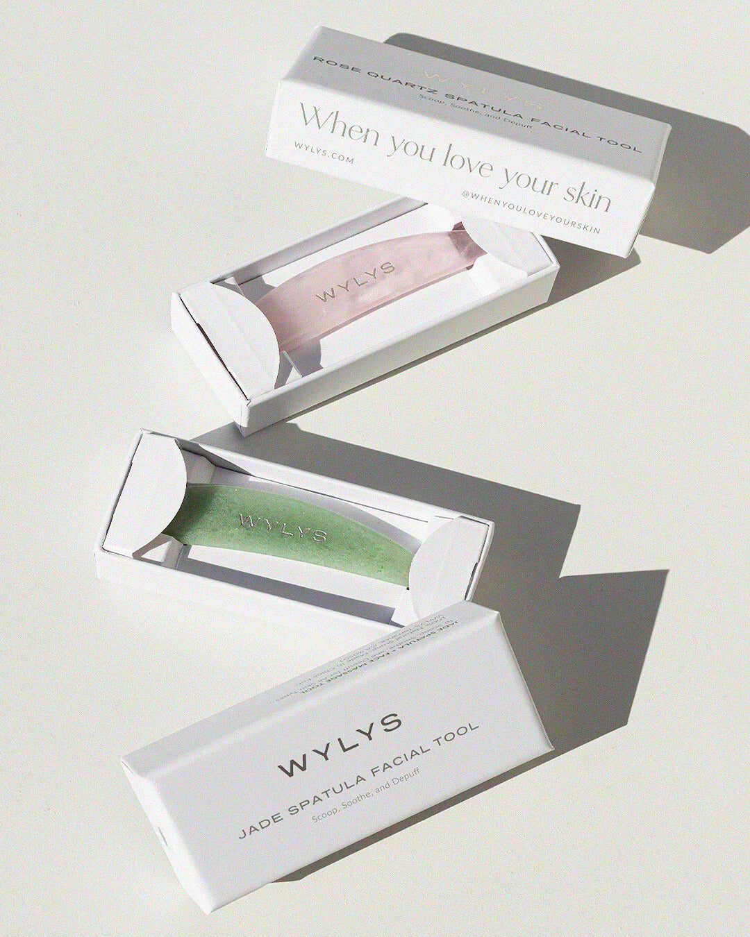 Wylys Rose Quartz and Jade Spatulas in Boxes When You Love Your Skin Comes in white box gift friendly
