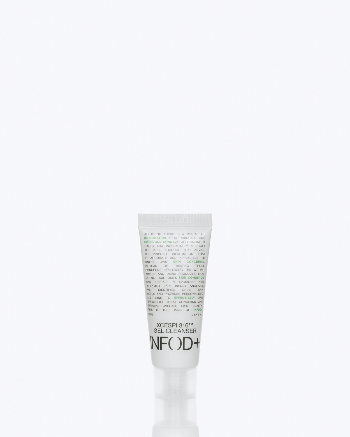 A centered, minimalist shot of the small, white travel-size INFOD+ XCESPI 316™ Gel Cleanser tube against a plain white background.