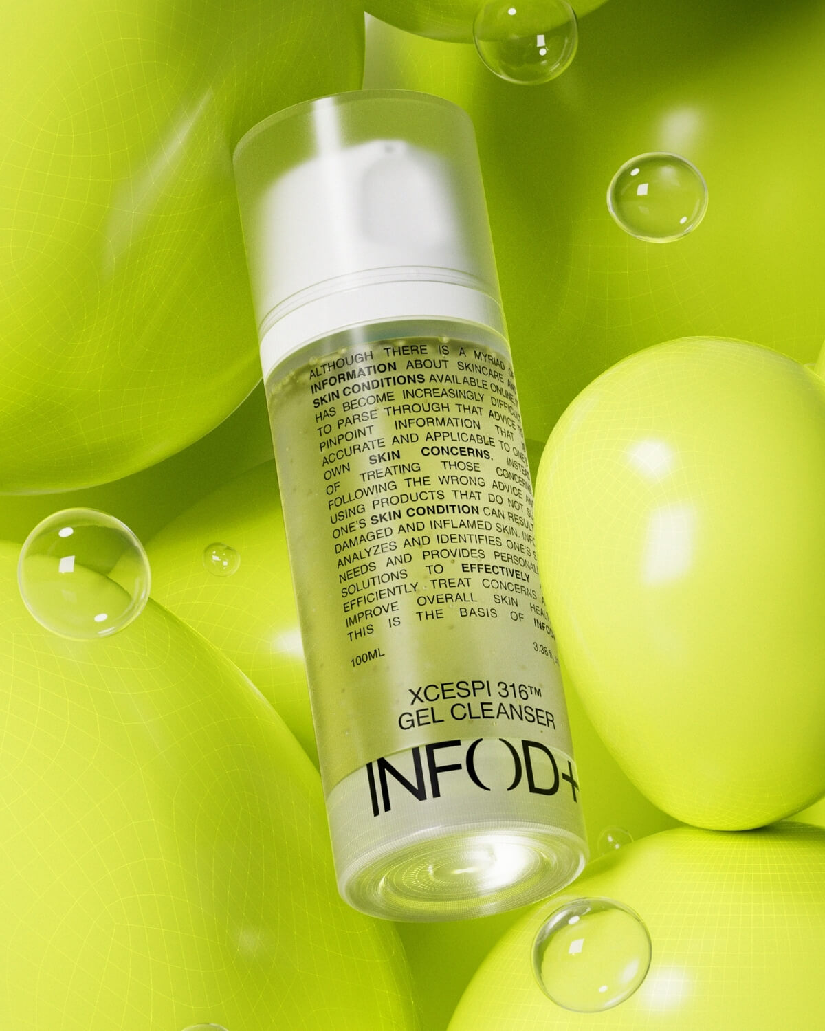The INFOD+ XCESPI 316™ Gel Cleanser bottle angled and surrounded by large, floating bubbles, against a vibrant lime green background.