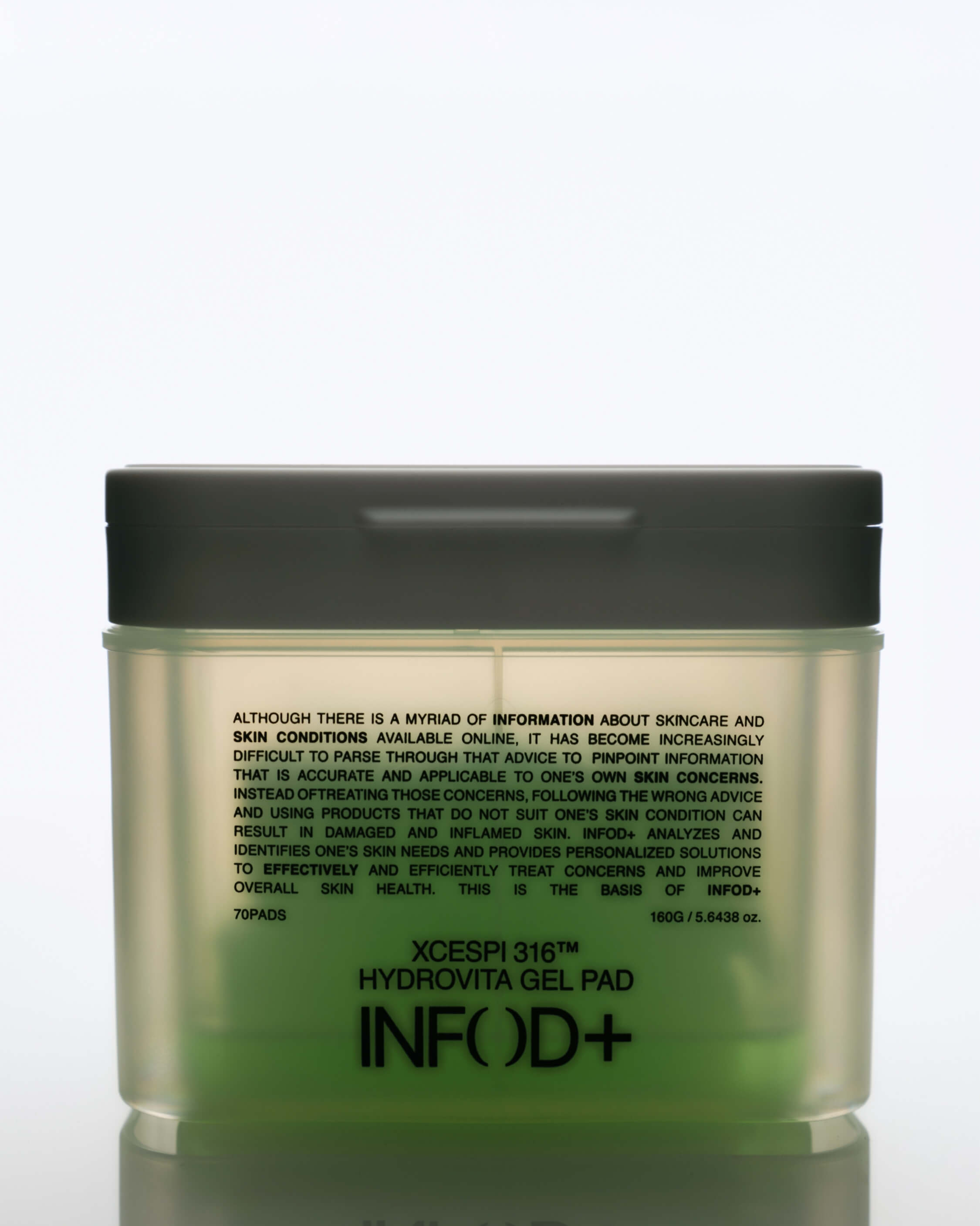 Full front view of the INFOD+ XCESPI 316™ Hydrovita Gel Pad container with a dark gray lid, showing the green pads and label text.