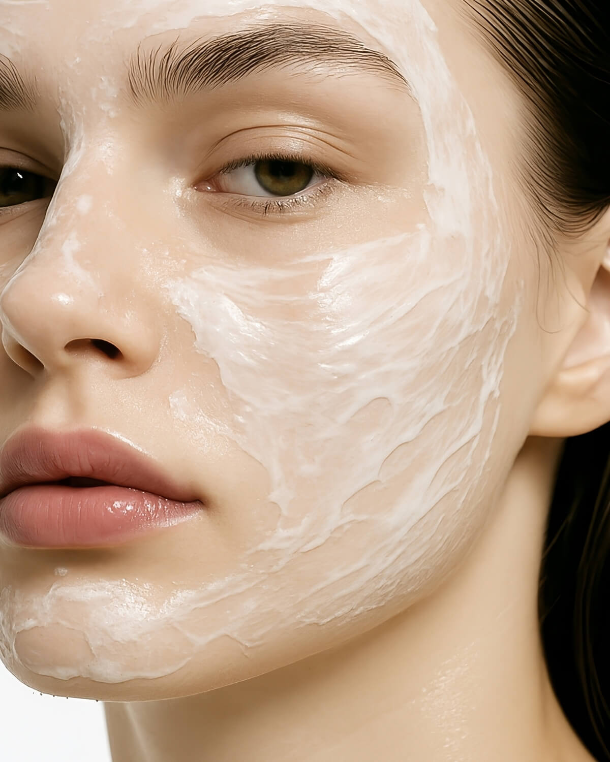 Close-up of a person's face with the white XCESPI 316™ Repair Cream visibly applied in thick, smooth streaks across the cheek and forehead.