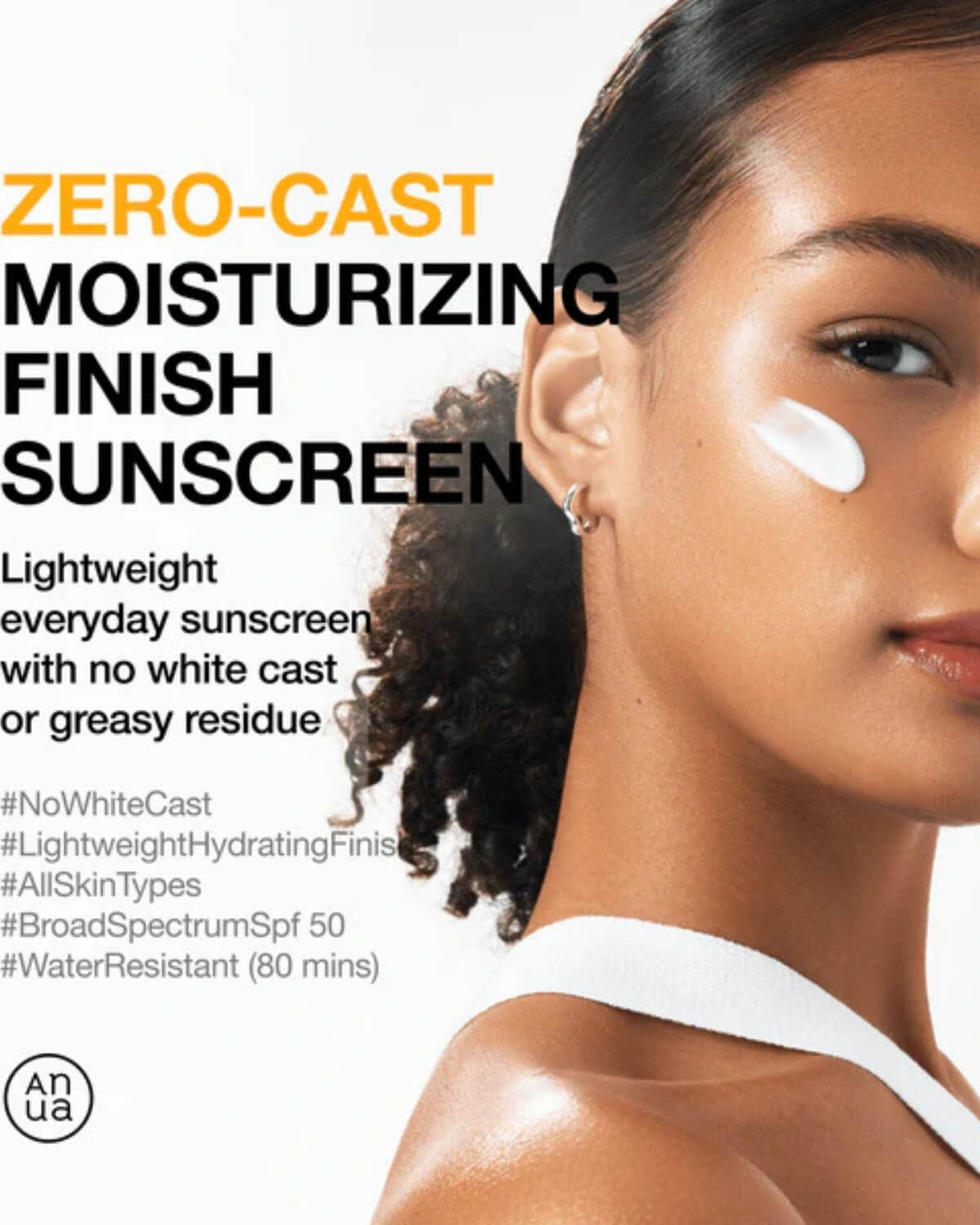 Anua Zero-cast Moisturizing Finish Sunscreen, lightweight everyday sunscreen with no white cast, model with sunscreen on her cheek