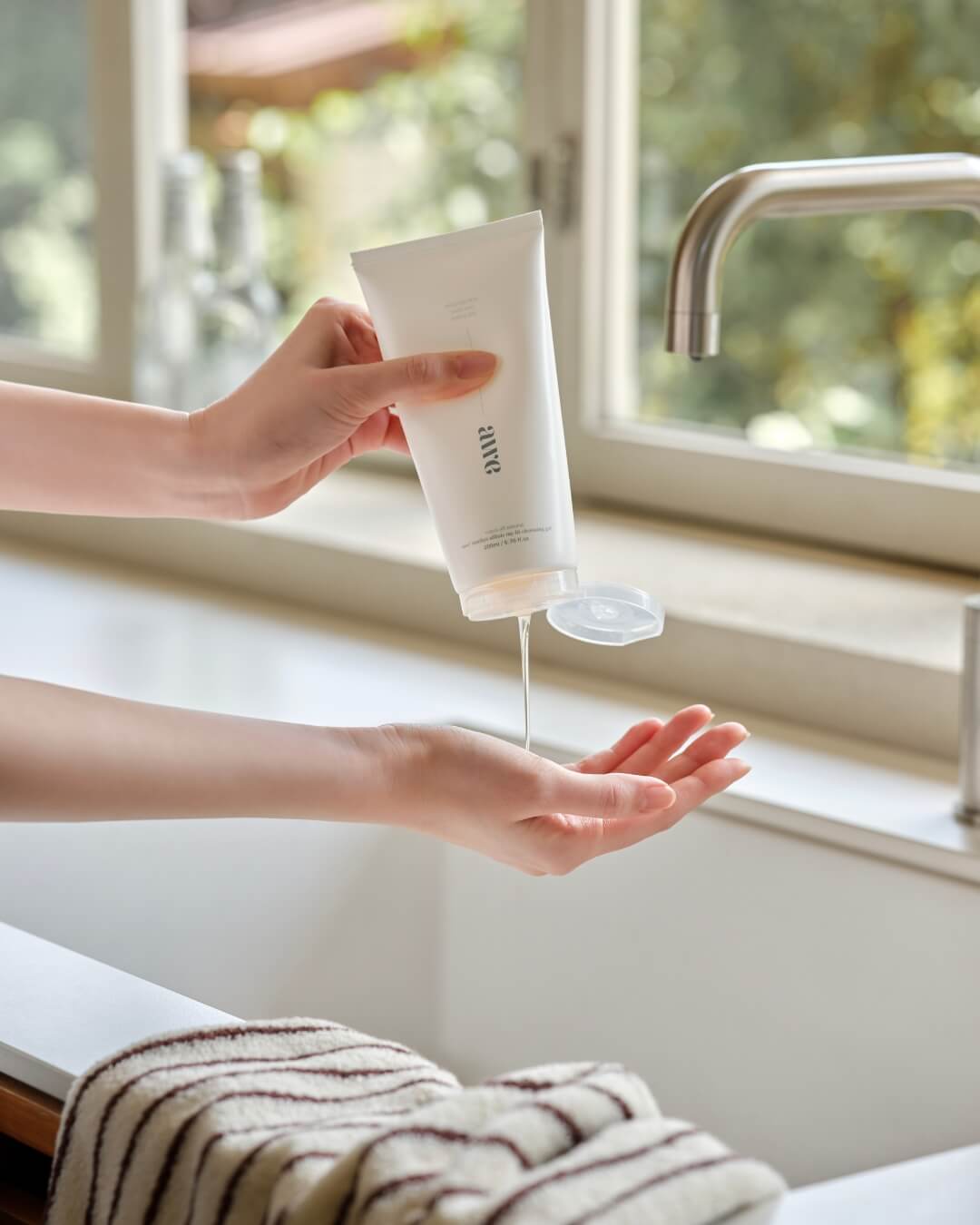 Woman pouring clear Awe face cleansing gel from the tube into her hand by a bathroom sink.