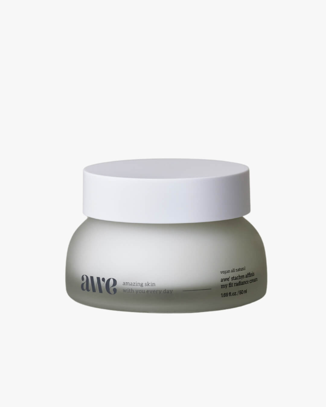 Awe vegan radiance cream jar with a white cap against a clean white background.