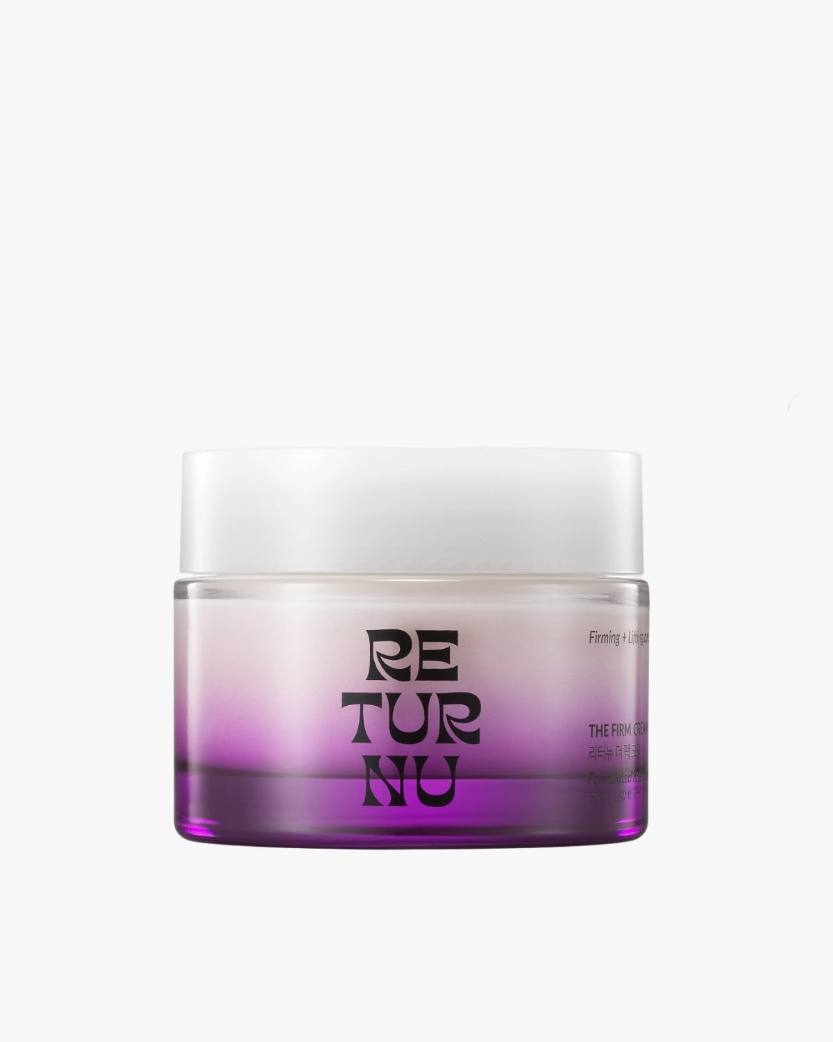 A frosted glass jar with a purple gradient base and a white lid, labeled "RETURNU THE FIRM CREAM" on a white background.