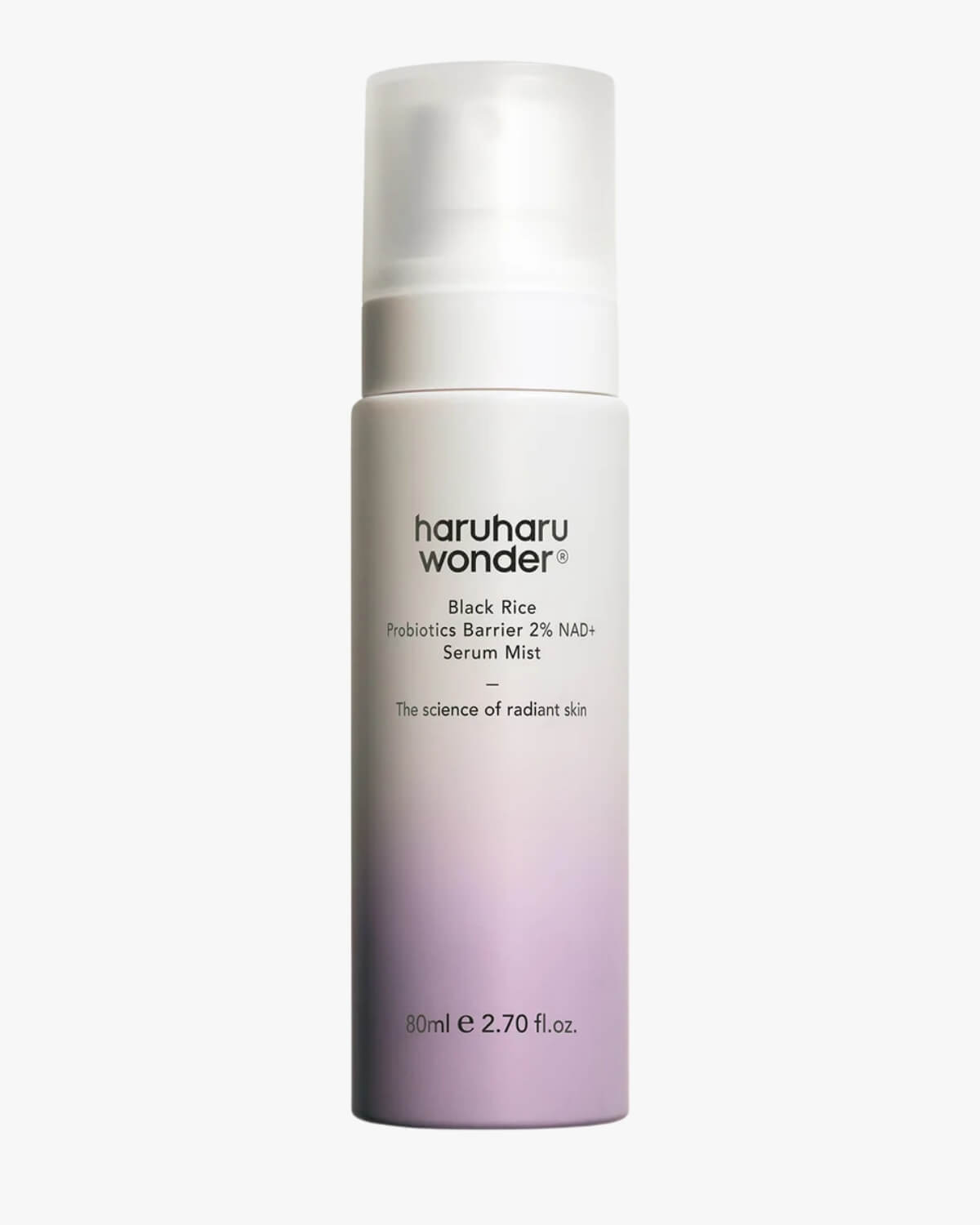 A front-facing studio shot of the Haruharu Wonder Black Rice Serum Mist bottle, featuring a white-to-purple gradient design against a plain white background.
