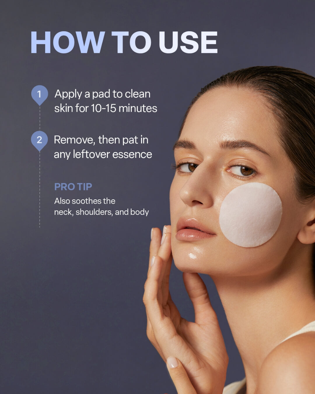 Model demonstrating how to use a koy Flow Intensive Cream Pad on her cheek for skin barrier hydration care.