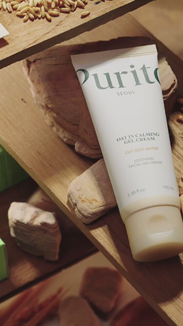 Video demonstrating the texture and application of the Purito Oat In Gel Cream. Footage highlights the refreshing, cooling gel texture and the calming, moisturizing benefits of Oat Seed Water.