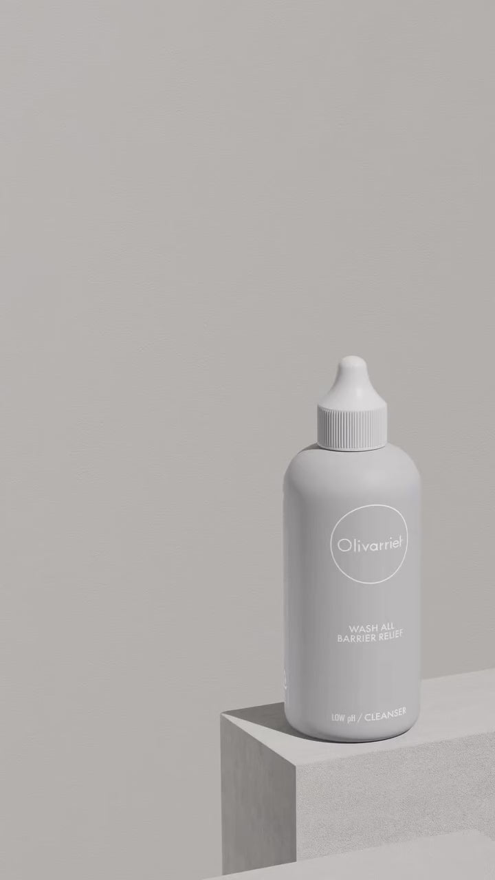 Video demonstrating the texture and benefits of Olivarrier Wash All Barrier Cleanser. Shows the gentle, low-foaming gel texture and highlights its hydrating, soothing properties for sensitive skin.