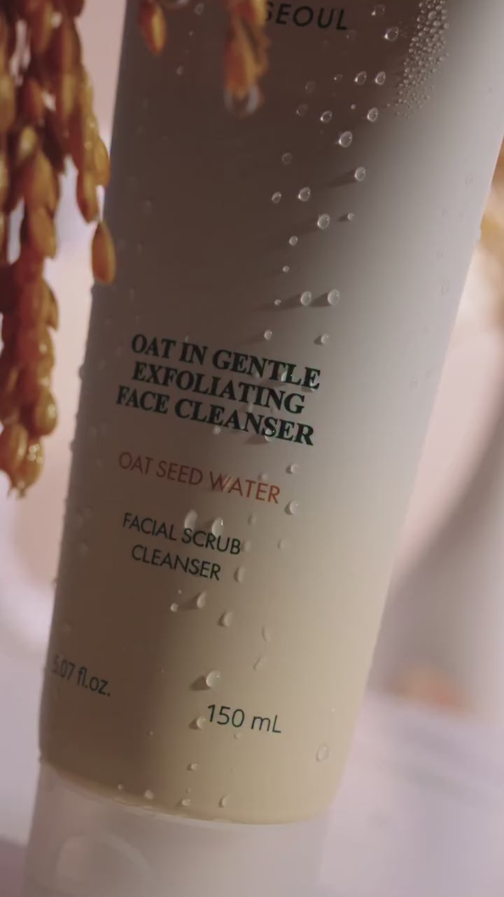 Video demonstrating the texture and use of the Purito Oat-in Gentle Exfoliating Face Cleanser. Footage shows the creamy texture and highlights the mild, effective exfoliation from oat particles.