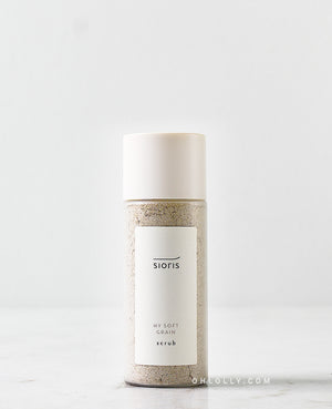 Sioris My Soft Grain Scrub jar with organic oatmeal exfoliator on white background